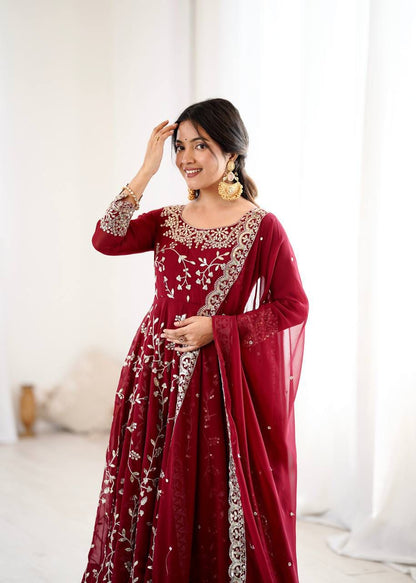 MAROON COLOUR FAUX GEOGETTE BASE EMBROIDERY SEQUENCE WORK ANARKALI GOWN SET OF 3