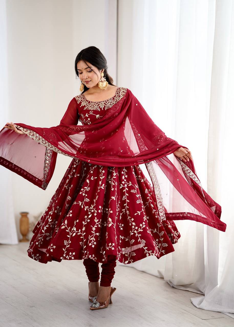 MAROON COLOUR FAUX GEOGETTE BASE EMBROIDERY SEQUENCE WORK ANARKALI GOWN SET OF 3