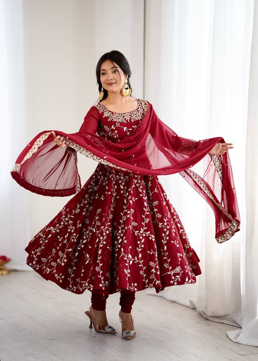 MAROON COLOUR FAUX GEOGETTE BASE EMBROIDERY SEQUENCE WORK ANARKALI GOWN SET OF 3