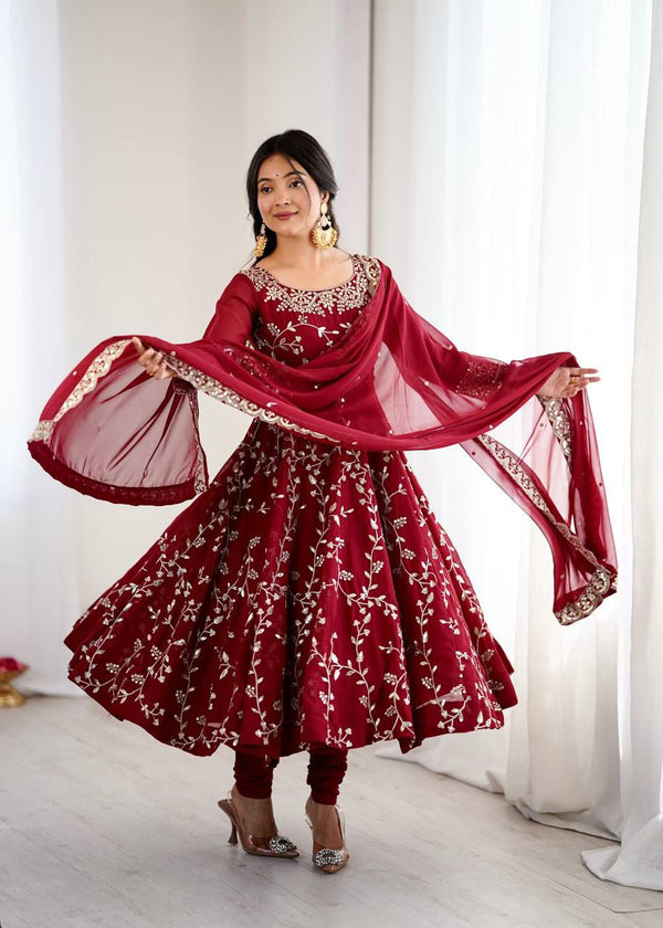 MAROON COLOUR FAUX GEOGETTE BASE EMBROIDERY SEQUENCE WORK ANARKALI GOWN SET OF 3