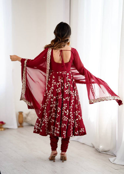 MAROON COLOUR FAUX GEOGETTE BASE EMBROIDERY SEQUENCE WORK ANARKALI GOWN SET OF 3
