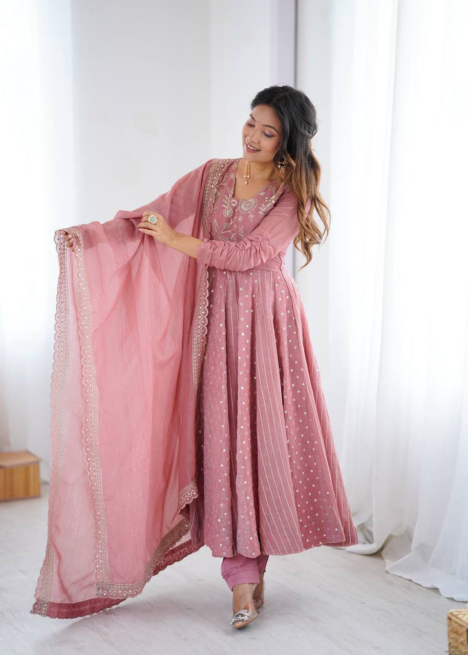 PINK COLOR CRUNCHY SILK BASE EMBROIDERY SEQUENCE WORK ANARKALI GOWN SET OF 3