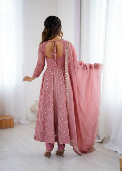 PINK COLOR CRUNCHY SILK BASE EMBROIDERY SEQUENCE WORK ANARKALI GOWN SET OF 3