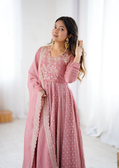 PINK COLOR CRUNCHY SILK BASE EMBROIDERY SEQUENCE WORK ANARKALI GOWN SET OF 3
