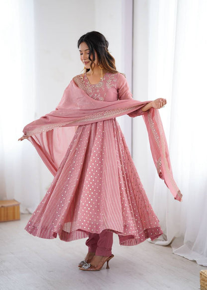 PINK COLOR CRUNCHY SILK BASE EMBROIDERY SEQUENCE WORK ANARKALI GOWN SET OF 3