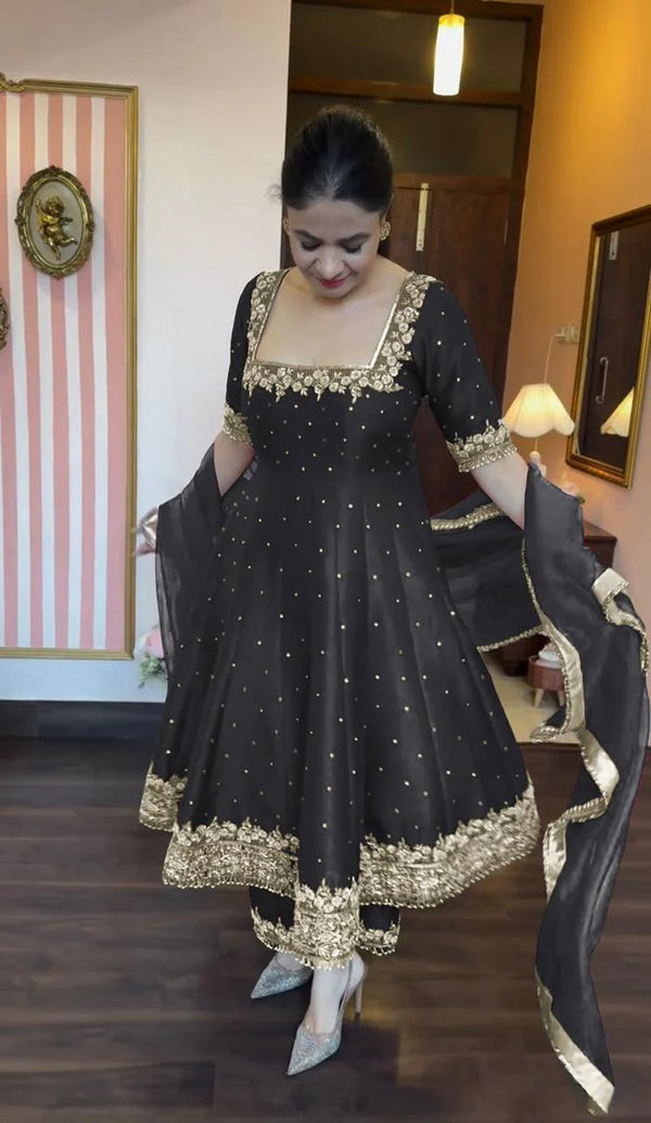 BLACK HEAVY VICHITRA SILK ROYAL ELEGANT SUIT SET OF 3