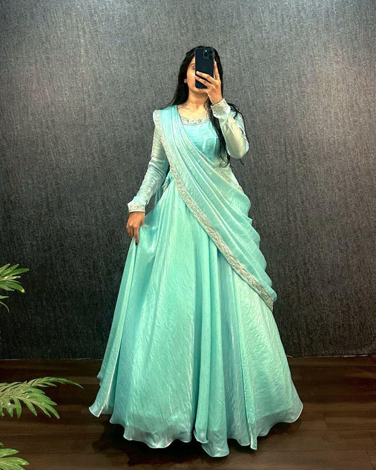 SKY BLUE COLOR HEAVY FANDY SILK WITH EMBROIDERY SEQUENCE WORK