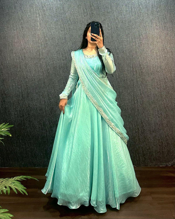 SKY BLUE COLOR HEAVY FANDY SILK WITH EMBROIDERY SEQUENCE WORK