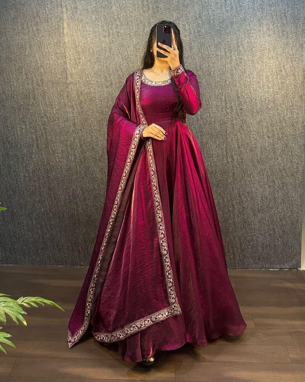 WINE COLOR HEAVY FANDY SILK WITH EMBROIDERY SEQUENCE WORK