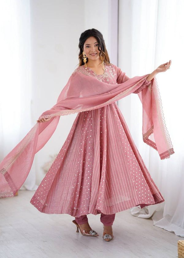 PINK COLOR CRUNCHY SILK BASE EMBROIDERY SEQUENCE WORK ANARKALI GOWN SET OF 3