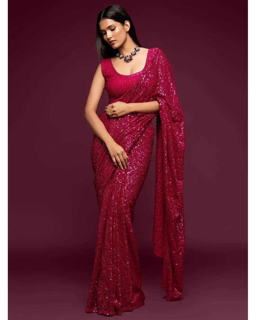 FABULOUS HOT PINK SEQUENCE WORK GEORGETTE BASE PARTY WEAR SAREE