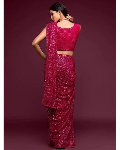 FABULOUS HOT PINK SEQUENCE WORK GEORGETTE BASE PARTY WEAR SAREE