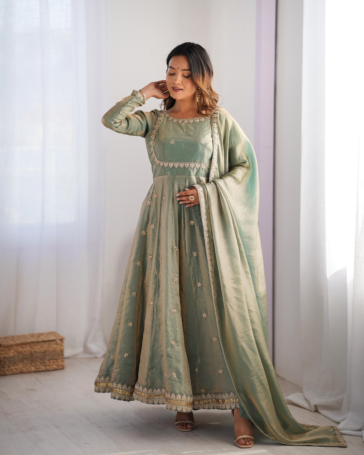 GREEN COLOR FANDY SILK BASE EMBROIDERED ANARKALI SUIT SET OF 3