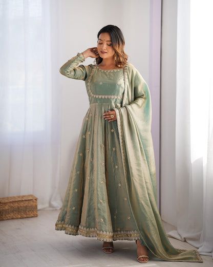 GREEN COLOR FANDY SILK BASE EMBROIDERED ANARKALI SUIT SET OF 3