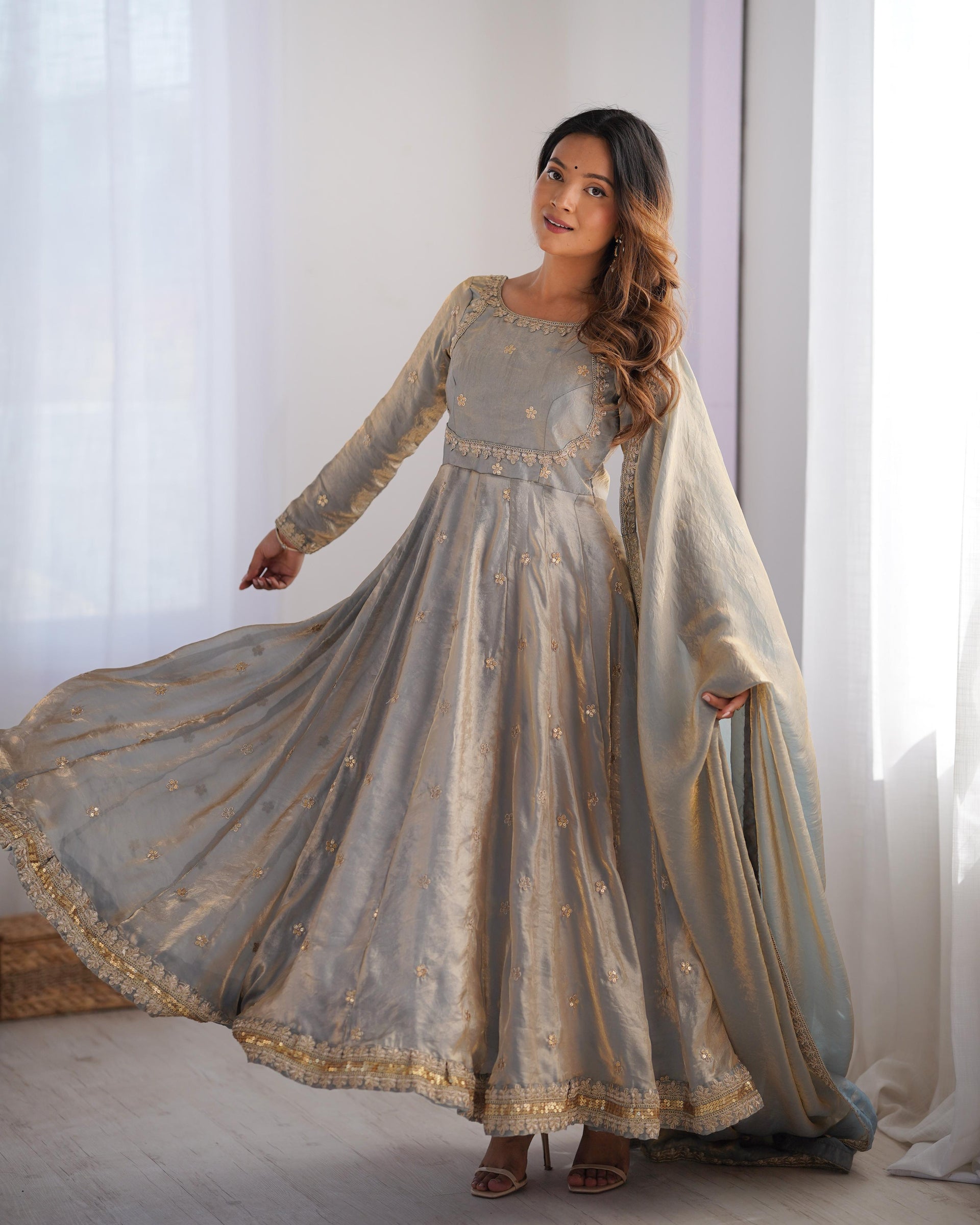 GRAY COLOR FANDY SILK BASE EMBROIDERED ANARKALI SUIT SET OF 3