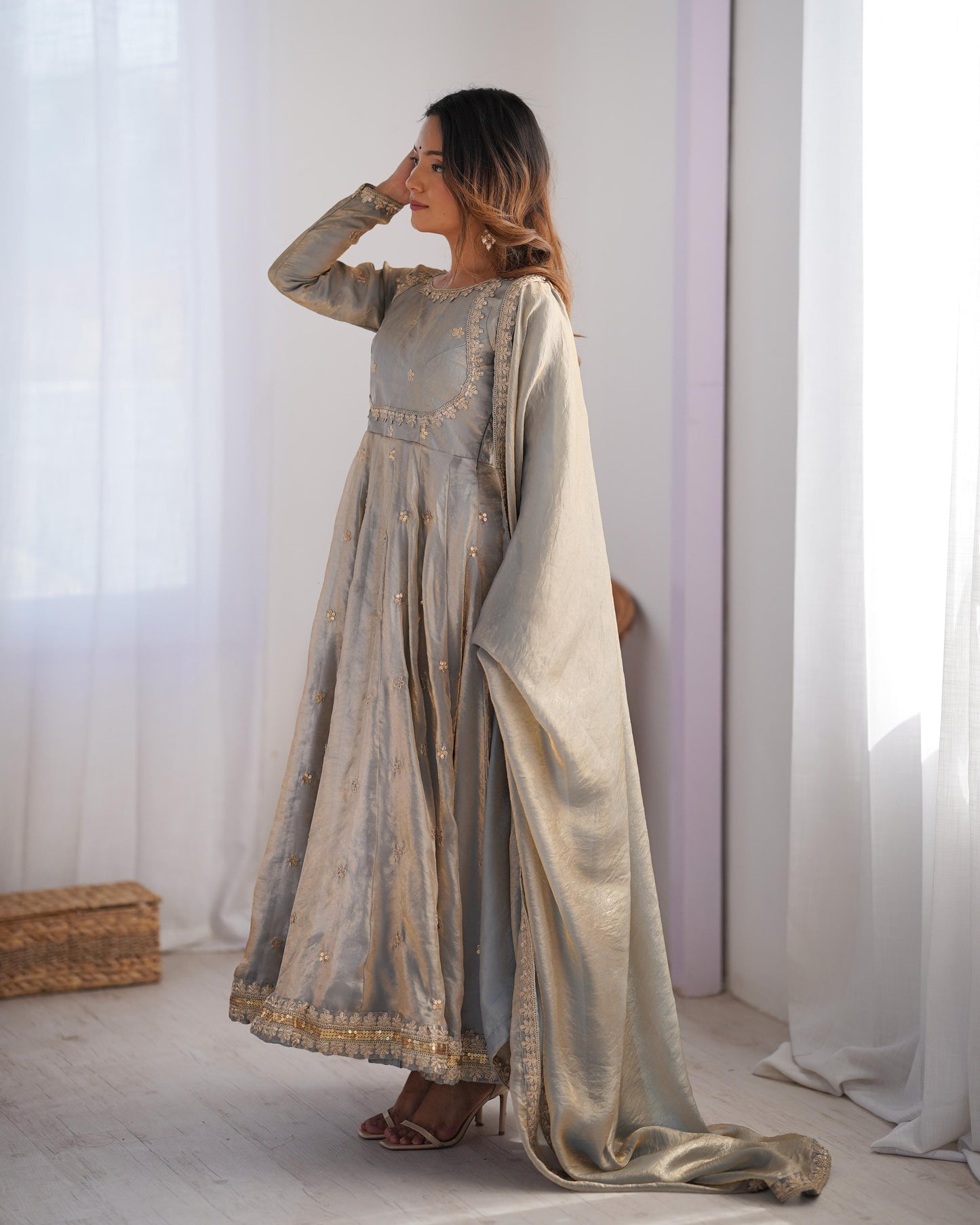 GRAY COLOR FANDY SILK BASE EMBROIDERED ANARKALI SUIT SET OF 3