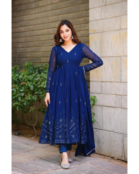 COBALT BLUE GEORGETTE BASE ANARKALI SUIT SET OF 3