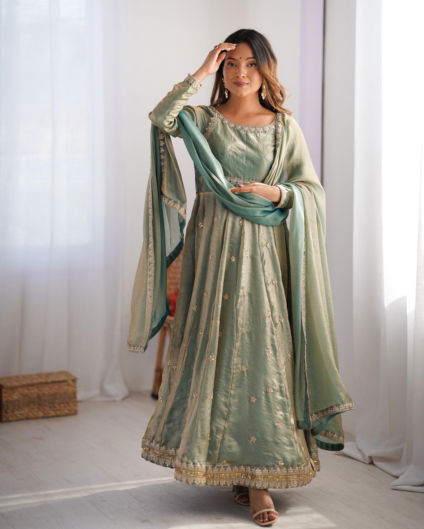 GREEN COLOR FANDY SILK BASE EMBROIDERED ANARKALI SUIT SET OF 3
