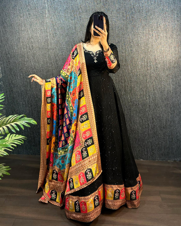 BLACK COLOR GEORGETTE BASE HANDWORK GOWN WITH DUPATTA