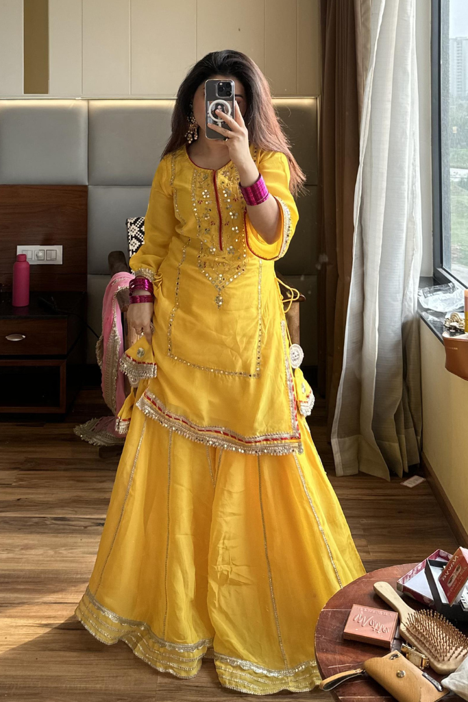 MOST TRENDING YELLOW COLOR EMBROIDERY SEQUENCE WORK SHARARA SUIT SET OF 3