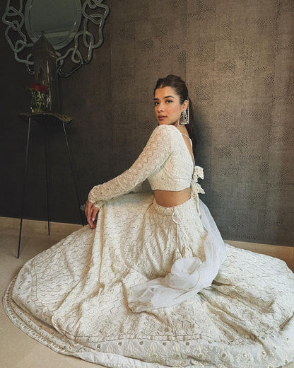 DELIGHTFUL WHITE GEORGETTE BASE LUCKNOWI WORK DESIGNER LEHENGA CHOLI