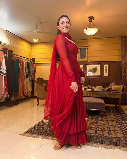 RED COLOR FAUX GEORGETTE DOUBLE LAYER ANARKALI SUIT