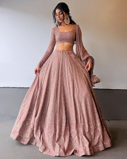 CHOCOLATE BROWN COLOR GEORGETTE BASE LAKHNAVI WORK DESIGNER LEHENGA CHOLI