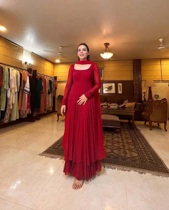 RED COLOR FAUX GEORGETTE DOUBLE LAYER ANARKALI SUIT