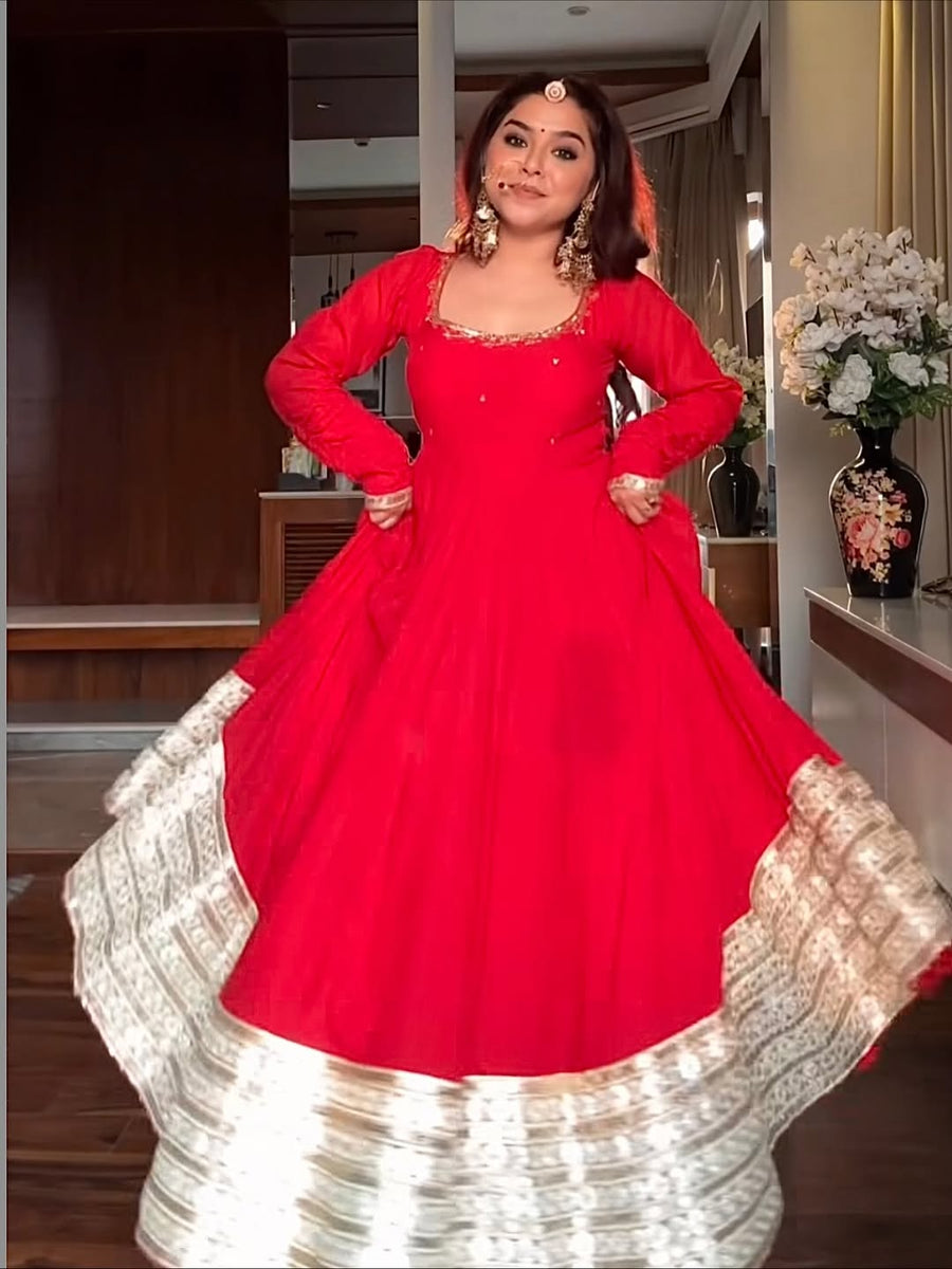 MOST TRENDING RED COLOR EMBROIDERY SEQUENCE WORK ANARKALI SUIT