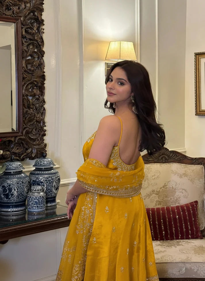 ELEGANT MUSTARD YELLOW ANARKALI SUIT IN PURE VICHITRA SILK FABRIC