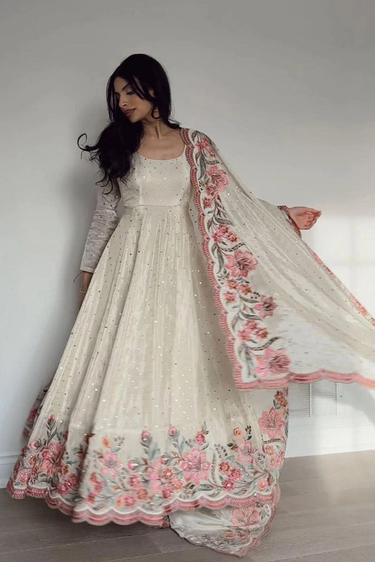 IVORY BLOSSOM EMBROIDERED ANARKALI GOWN SET