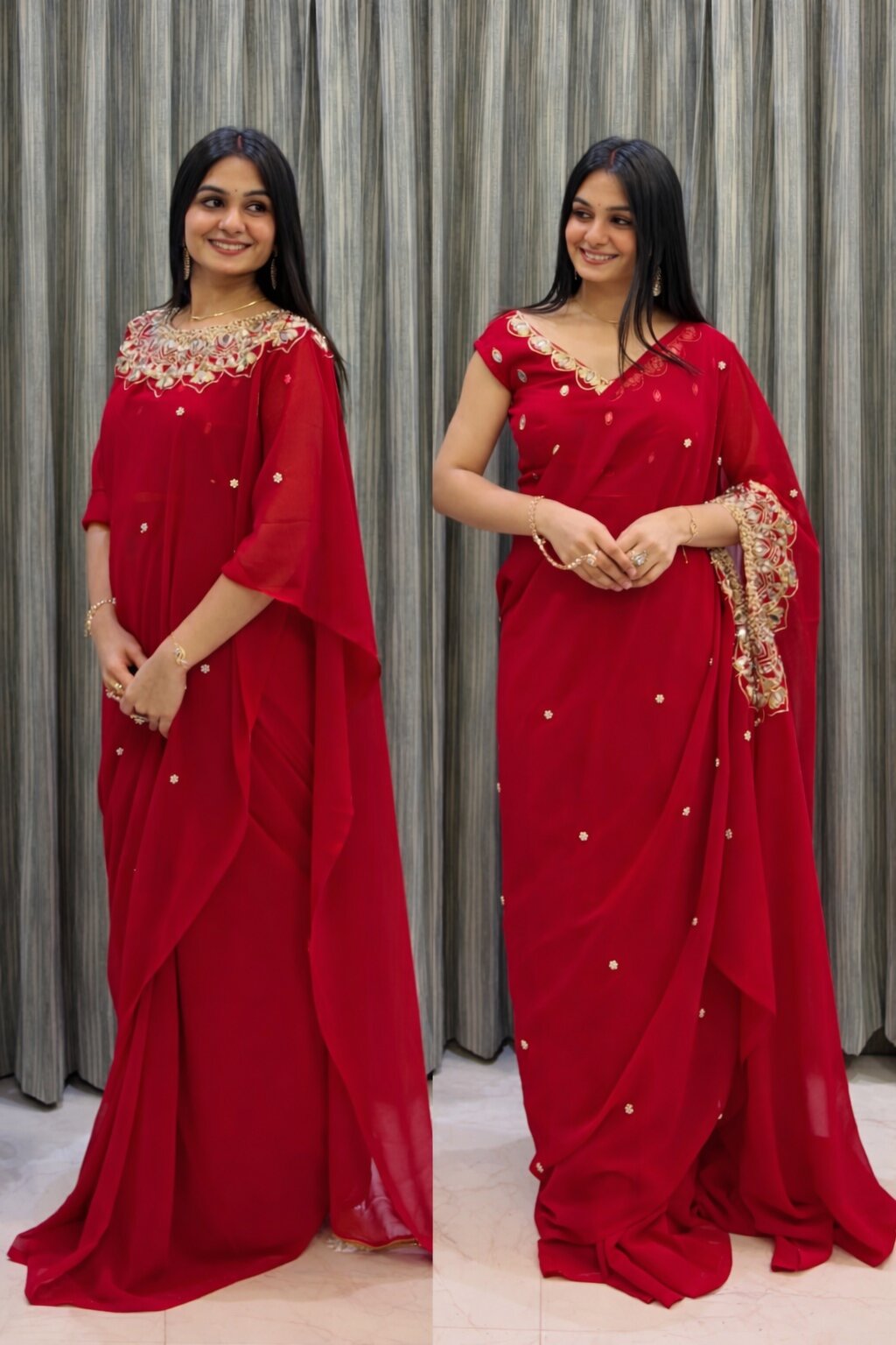Two images of a woman wearing a red saree with gold embroidery against a gray curtain background.