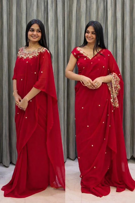 Two images of a woman wearing a red saree with gold embroidery against a gray curtain background.