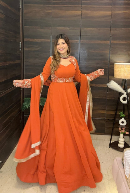 RUST FLARED ANARKALI WITH EMBROIDERED YOKE